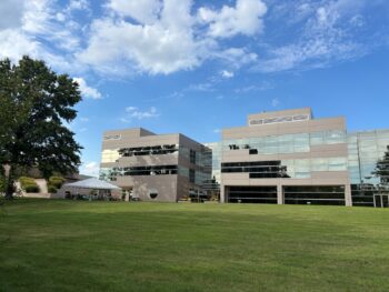 Centerstone's Main Campus in Springfield, Missouri features three buildings overlooking a green space and a lake.