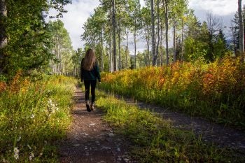 woman in jacket walking on pathway between grass and trees during daytime